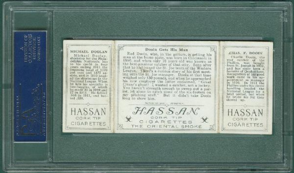 1912 T202 #53 Dooin Gets His Man Dooin/Doolan Hassan Cigarettes Triple Folder PSA 3.5