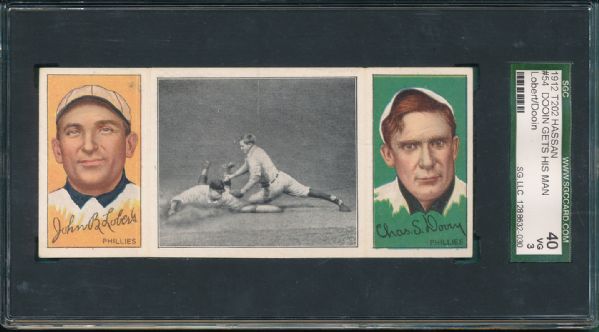 1912 T202 #54 Dooin Gets His Man Lobert/Dooin Hassan Cigarettes Triple Folder SGC 40