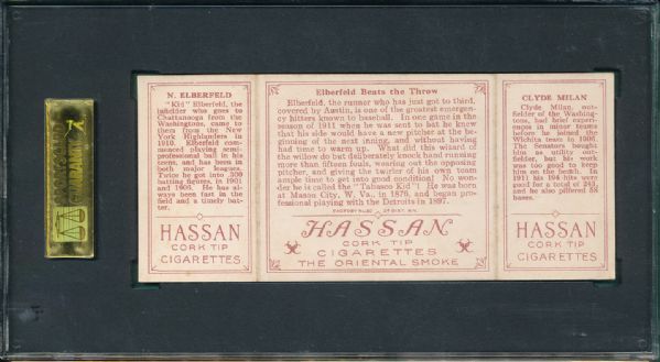 1912 T202 #57 Elberfeld Beats the Throw Milan/Elberfeld Hassan Cigarettes Triple Folder SGC 40