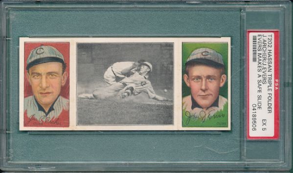 1912 T202 #60 Evers Makes a Safe Slide Archer/Evers Hassan Cigarettes Triple Folder PSA 5