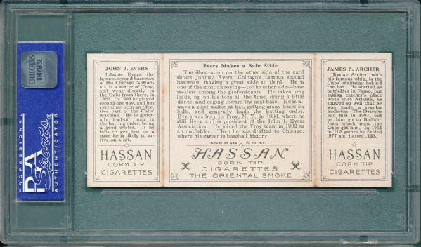 1912 T202 #60 Evers Makes a Safe Slide Archer/Evers Hassan Cigarettes Triple Folder PSA 5