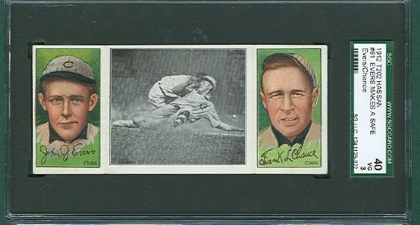 1912 T202 #61 Evers Makes a Safe Slide Chance/Evers Hassan Cigarettes Triple Folder SGC 40