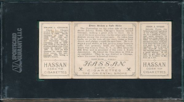 1912 T202 #61 Evers Makes a Safe Slide Chance/Evers Hassan Cigarettes Triple Folder SGC 40