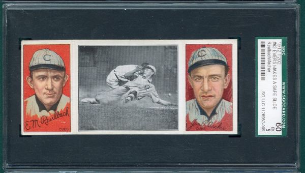 1912 T202 #63 Evers Makes a Safe Slide Reulbach/Archer Hassan Cigarettes Triple Folder SGC 60