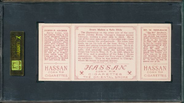 1912 T202 #63 Evers Makes a Safe Slide Reulbach/Archer Hassan Cigarettes Triple Folder SGC 60