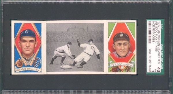 1912 T202 #68 Good Play At Third Ty Cobb/Moriarity Hassan Cigarettes Triple Folder SGC 40