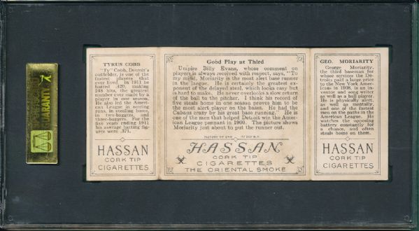 1912 T202 #68 Good Play At Third Ty Cobb/Moriarity Hassan Cigarettes Triple Folder SGC 40