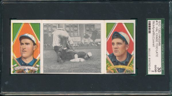 1912 T202 #70 Hal Chase Too Late McIntyre/McConnell Hassan Cigarettes Triple Folder SGC 30