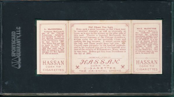 1912 T202 #70 Hal Chase Too Late McIntyre/McConnell Hassan Cigarettes Triple Folder SGC 30