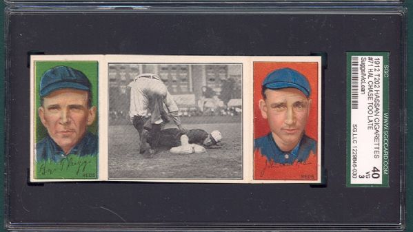 1912 T202 #71 Hal Chase Too Late Suggs/McLean Hassan Cigarettes Triple Folder SGC 40