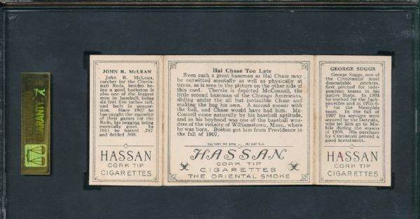 1912 T202 #71 Hal Chase Too Late Suggs/McLean Hassan Cigarettes Triple Folder SGC 40