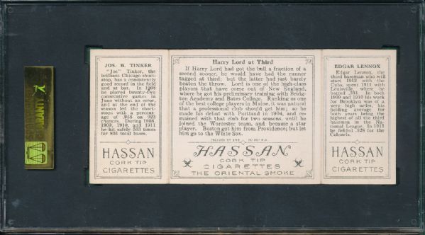 1912 T202 #72 Harry Lord at Third Lennox/Tinker Hassan Cigarettes Triple Folder SGC 40