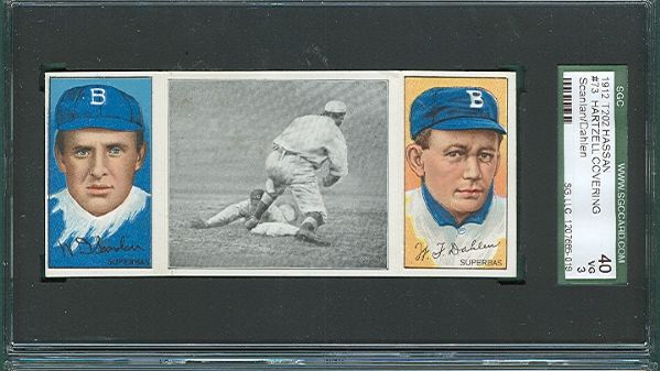 1912 T202 #73 Hartzell Covering Third Scanlan/Dahlen Hassan Cigarettes Triple Folder SGC 40