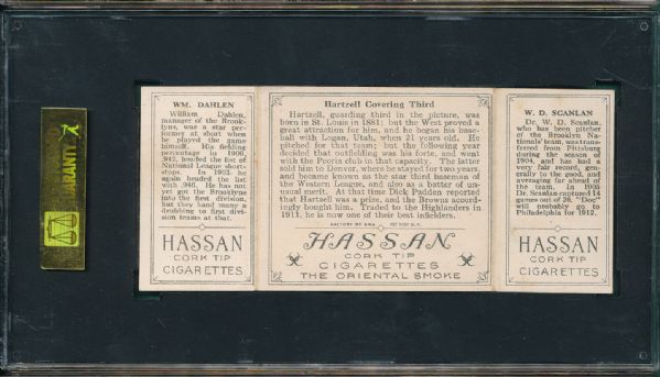 1912 T202 #73 Hartzell Covering Third Scanlan/Dahlen Hassan Cigarettes Triple Folder SGC 40