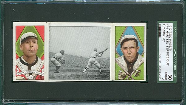 1912 T202 #74 Hartsel Strikes Out Groom/Gray Hassan Cigarettes Triple Folder SGC 30