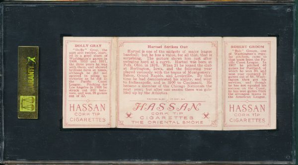 1912 T202 #74 Hartsel Strikes Out Groom/Gray Hassan Cigarettes Triple Folder SGC 30