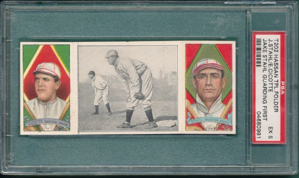 1912 T202 #76 Jake Stahl Guarding First Cicotte/Stahl Hassan Cigarettes Triple Folder PSA 5