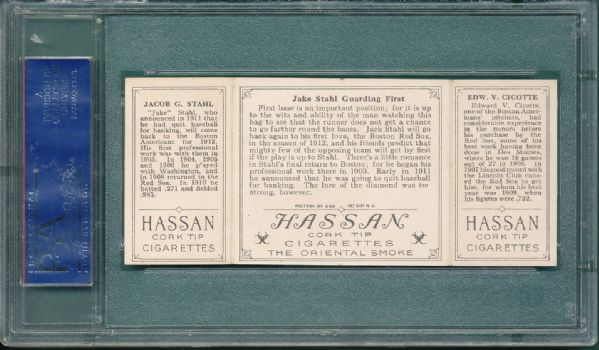 1912 T202 #76 Jake Stahl Guarding First Cicotte/Stahl Hassan Cigarettes Triple Folder PSA 5