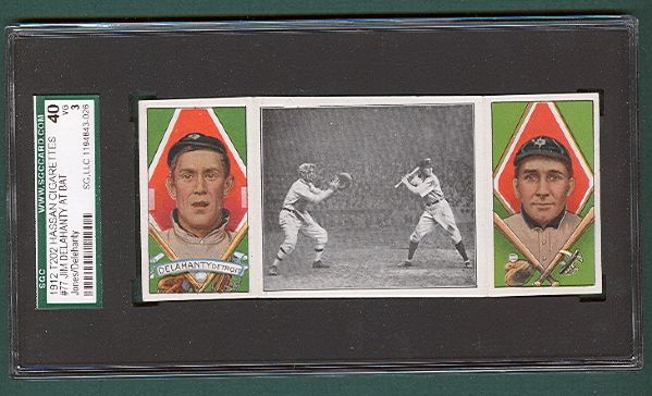 1912 T202 #77 Jim Delehanty At Bat Delehanty/Jones Hassan Cigarettes Triple Folder SGC 40