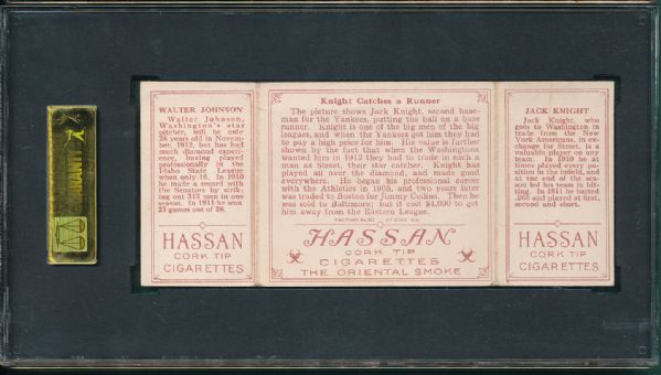 1912 T202 #88 Knight Catches a Runner Walter Johnson/Knight Hassan Cigarettes Triple Folder SGC 30