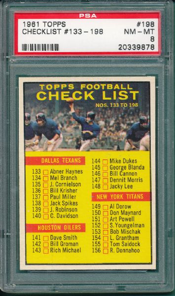 1961 Topps FB #198 Checklist #133-198 PSA 8