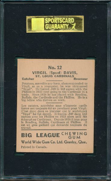 1936 World Wide Gum Co. #12 Spud Davis SGC 50