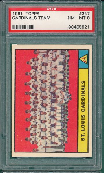 1961 Topps #347 Cardinals Team Card PSA 8