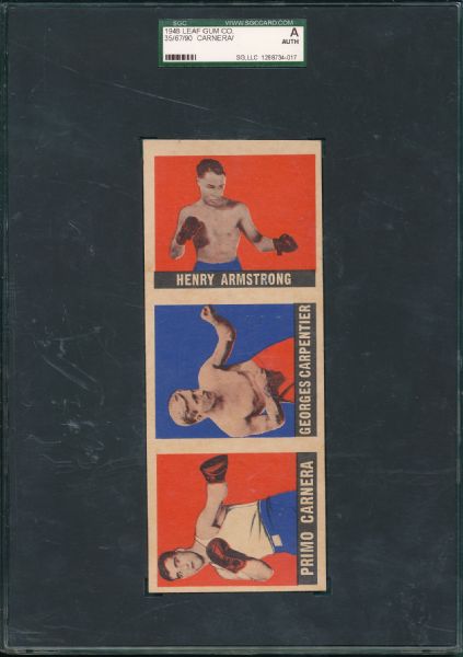 1948 Leaf Boxing 3 Card Strip Featuring Carnera, Carpentier and Armstrong SGC A