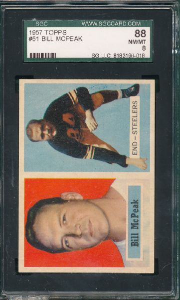 1957 Topps FB #51 Bill McPeak & #77 Carl Tasseff 2 Card Lot SGC 88