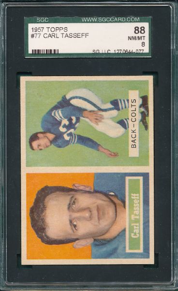 1957 Topps FB #51 Bill McPeak & #77 Carl Tasseff 2 Card Lot SGC 88