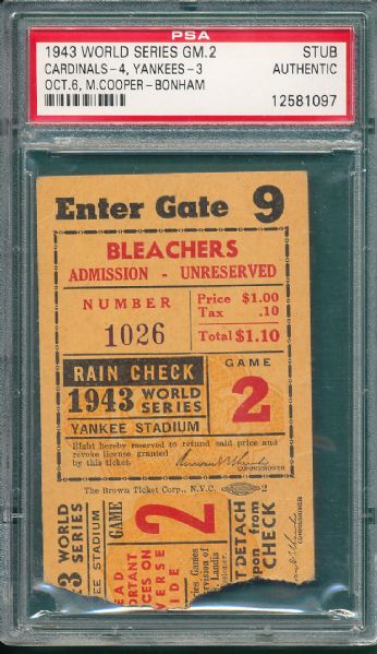 1943 World Series Game 2 Ticket Stub PSA Authentic