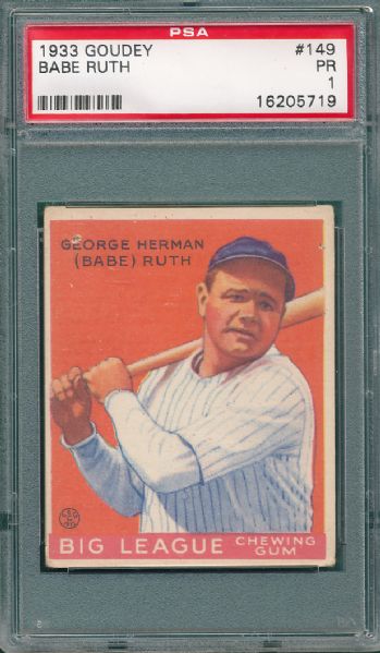 1933 Goudey #149 Babe Ruth PSA 1 *Great Presentation*