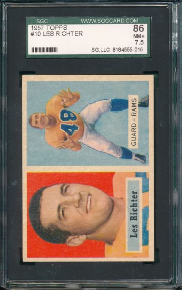 1957 Topps FB #10 Les Richter & #58 Willard Sherman 2 Card Lot SGC 86