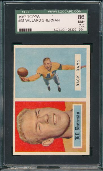 1957 Topps FB #10 Les Richter & #58 Willard Sherman 2 Card Lot SGC 86