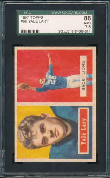 1957 Topps FB #68 Yale Lary & #60 Chuck Drazenonvich 2 Card Lot SGC 86