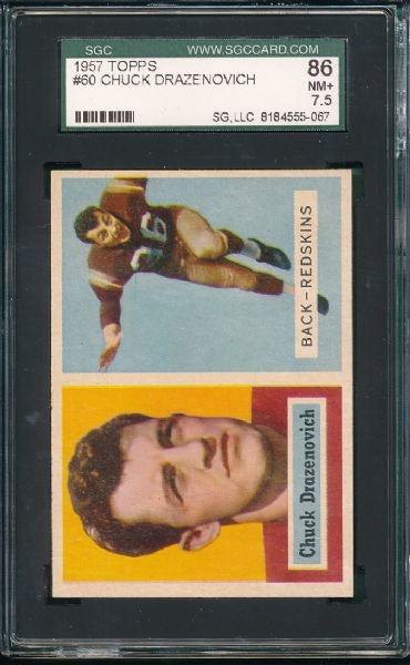 1957 Topps FB #68 Yale Lary & #60 Chuck Drazenonvich 2 Card Lot SGC 86