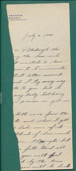 1931 Pie Traynor Autographed Letter