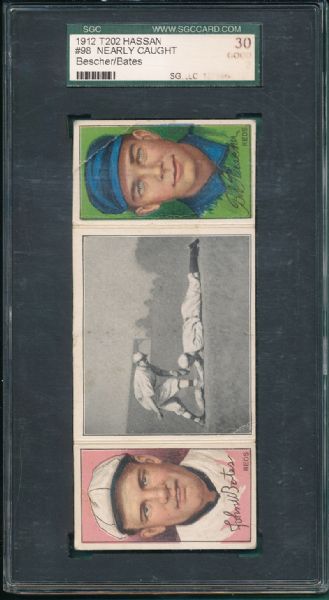 1912 T202 #98 Nearly Caught Bates/Bescher Hassan Cigarettes Triple Folder SGC 30 