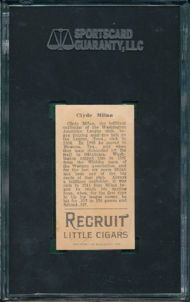 1912 T207 Clyde Milan Recruit Cigarettes SGC 35