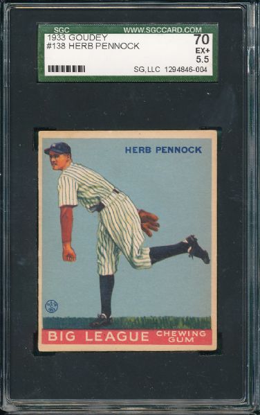 1933 Goudey #138 Herb Pennock SGC 70