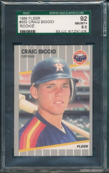 1989 Fleer #353 Craig Biggio Rookie 4 Card Lot SGC 92 & 88