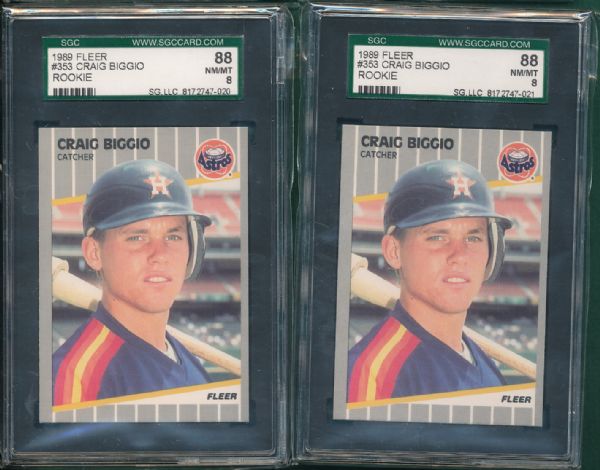 1989 Fleer #353 Craig Biggio Rookie 4 Card Lot SGC 92 & 88