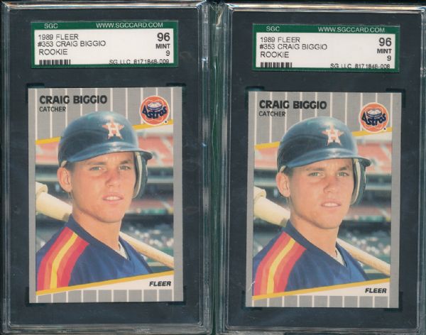 1989 Fleer #353 Craig Biggio Rookie 3 Card Lot SGC 96