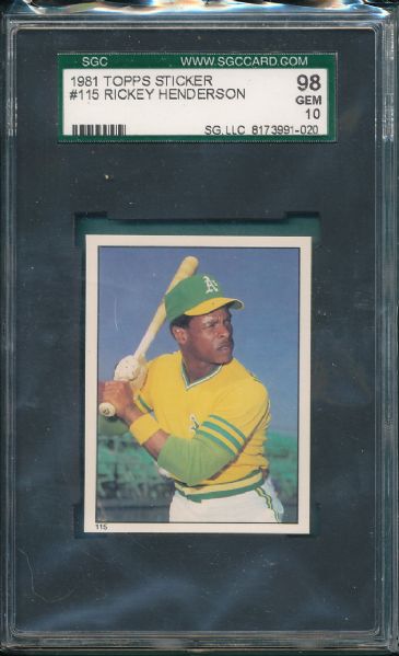 1981 Topps Sticker #115 Rickey Henderson 2 Card Lot SGC 98 Gem Mint