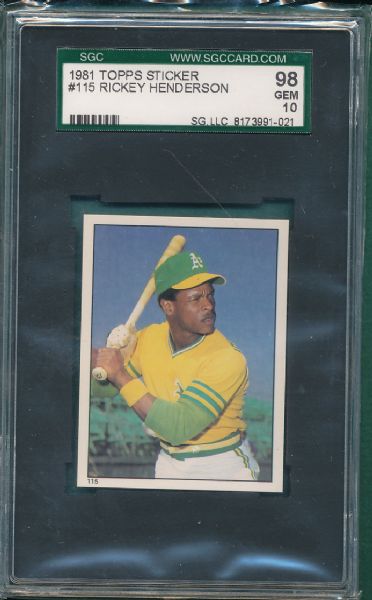 1981 Topps Sticker #115 Rickey Henderson 2 Card Lot SGC 98 Gem Mint