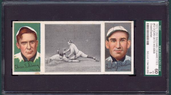 1912 T202 #053 Dooin gets His Man Dooin/Doolan Hassan Cigarettes Triple Folder SGC 60