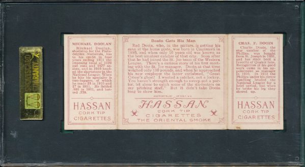 1912 T202 #053 Dooin gets His Man Dooin/Doolan Hassan Cigarettes Triple Folder SGC 60