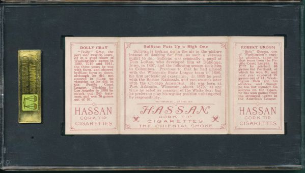 1912 T202 #111 Sullivan Puts Up a High One Groom/Gray Hassan Cigarettes Triple Folder SGC 50