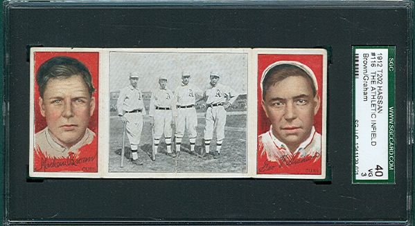 1912 T202 #116 The Athletic Infield Mordecai Brown/Graham Hassan Cigarettes Triple Folder SGC 40