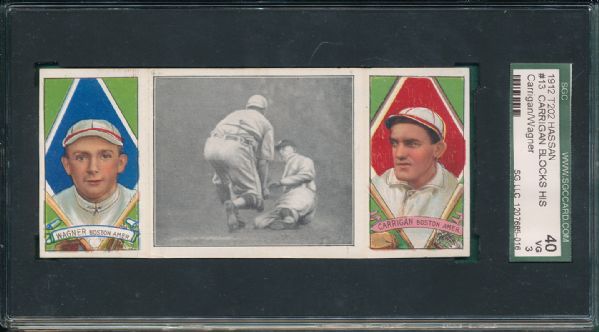 1912 T202 #013 Carrigan Blocks His Man Wagner/Carrigan Hassan Cigarettes Triple Folder SGC 40